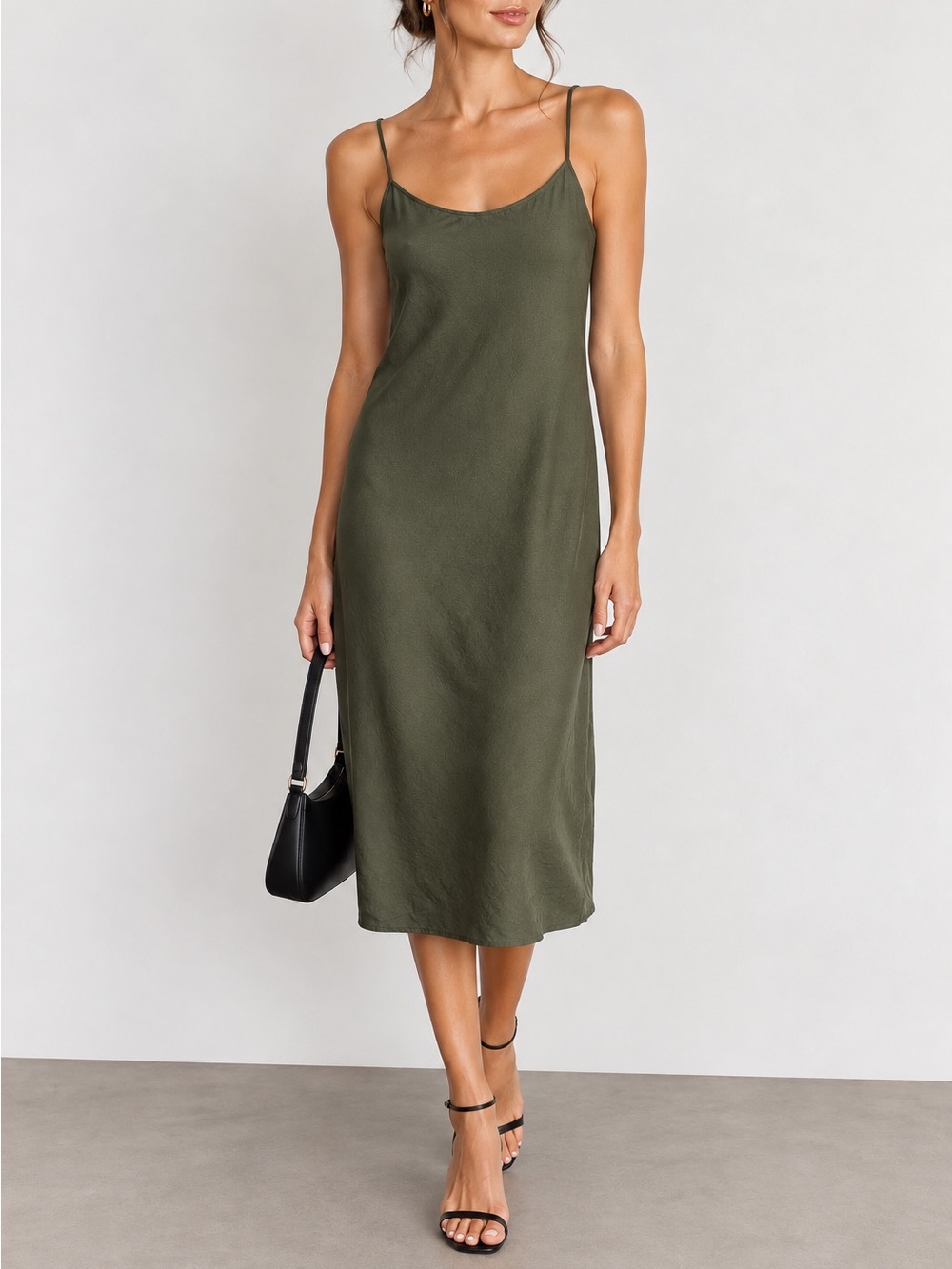 Theory Olive Green Triacetate Midi Slip Dress Smocked Back Spaghetti Strap S